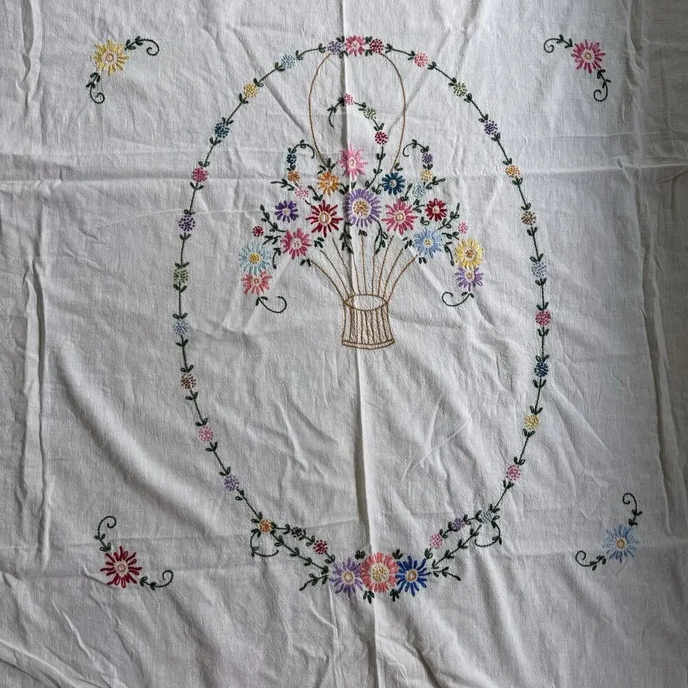 Vtg 70s Tablecloth Floral Hand Embroidered Crochet Lace 84x70” Cottagecore Large